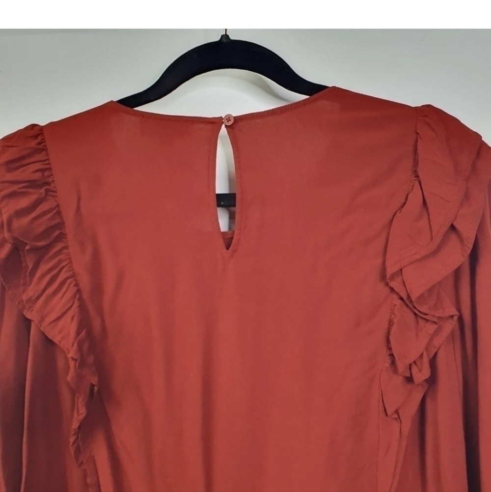 Loft Maroon Ruffle Boho Fall Rayon Top Long Sleeve Size Large - Picture 8 of 12
